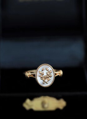 法国gentle motto西式复古优雅精致仿珠贝橄榄叶花环镀925戒指