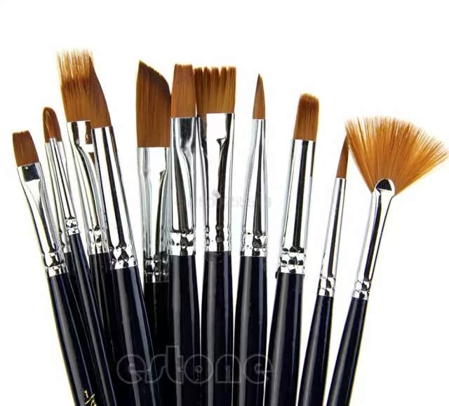 12pcs Artist Paint Brush Set Nylon Hair Watercolor Acrylic O - 图0