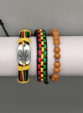 牙买加套装红黄绿编织皮革手链学生嘻哈hiphop街舞可调撞色多巴胺