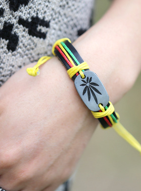 跨境新款牙买加红黄绿大叶子牛皮手链手环嘻哈hiphop街舞皮革饰品