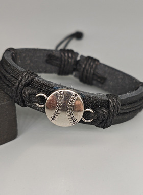 简约手工编织黑色皮革手链合金棒球球迷手环欧美跨境运动手绳可调