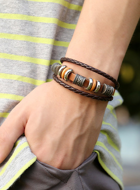 跨境热销饰品简约手工串珠多层皮革手链欧美时尚流行男士手环手饰