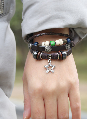 低价促销合金五角星挂件 真皮手链批发 串珠牛皮手链 欢迎订购