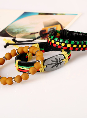 牙买加套装红黄绿编织牛皮手链DIY真皮饰品 嘻哈hiphop街舞