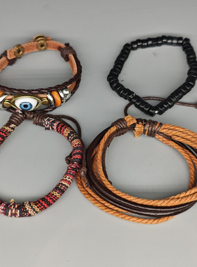 栗色眼睛手环四件套装多层皮革手链复古中式波西米亚风编织女网红