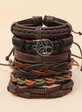 厂家直销复古手工编织牛皮手链diy组合6件套男士饰品欧美配饰批发