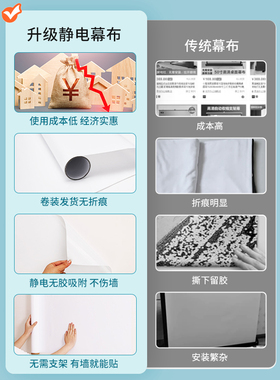 投影幕布自粘家用卧室便携式免打孔投影仪投影布高清白色静电墙贴