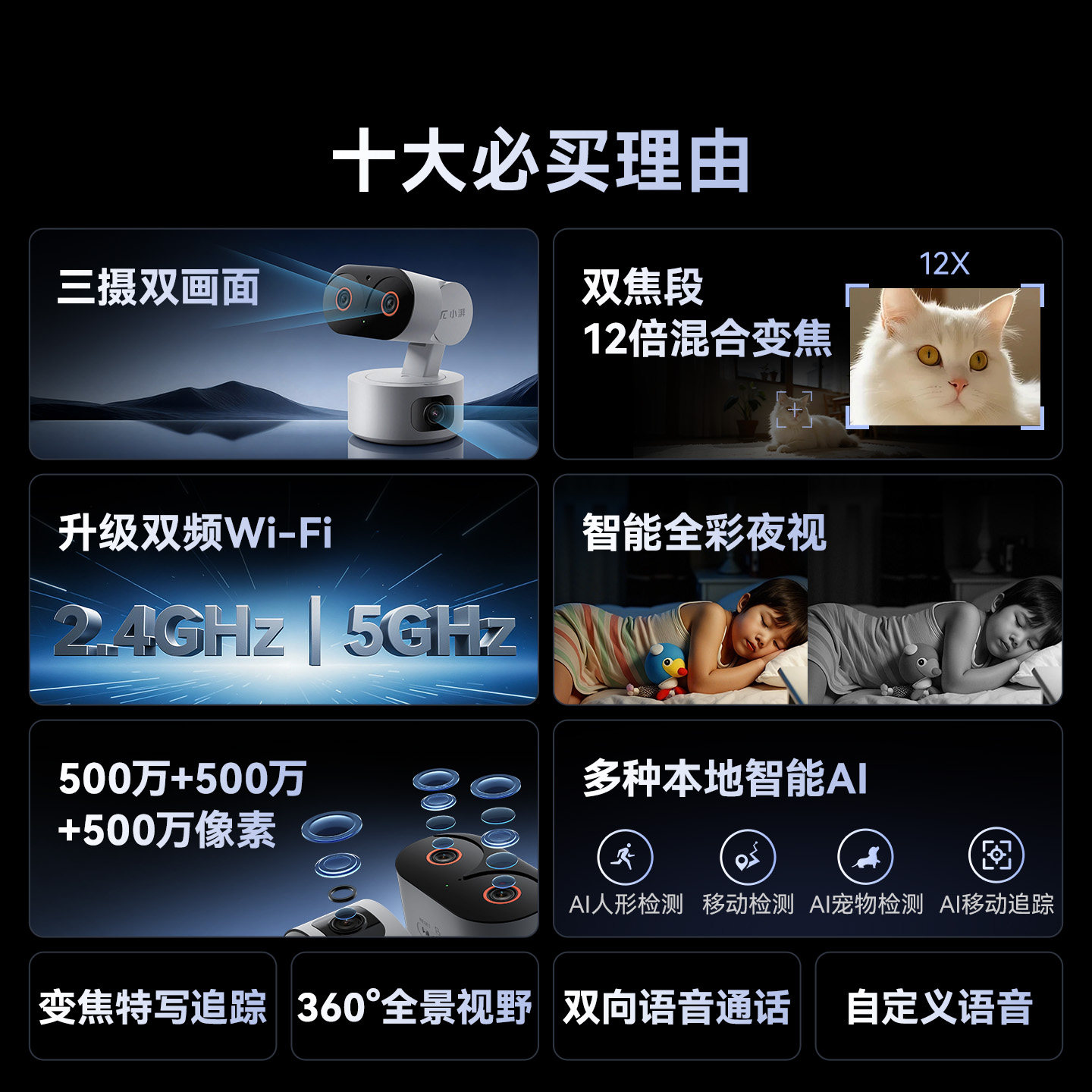 小湃1500万三目变焦双摄智能摄像头全景宠物超高清家用远程监控器