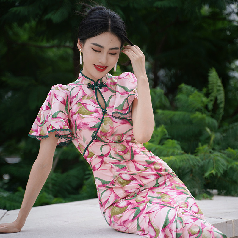 四美子粉色鱼尾旗袍嫣然2023连衣裙 四美子旗袍