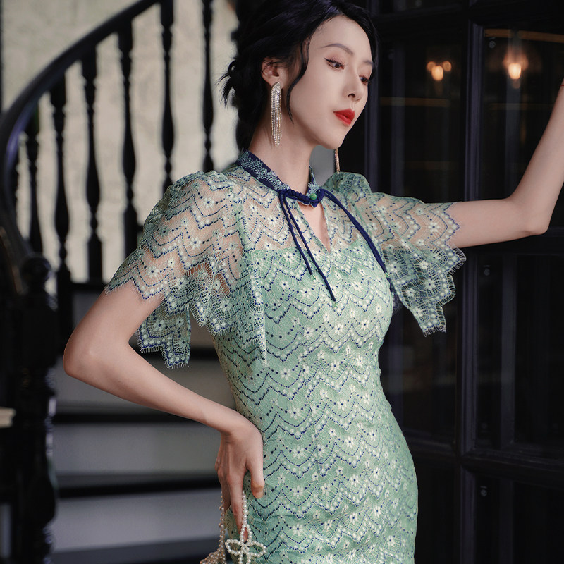 四美子蓝绿色妈妈旗袍兰若夏连衣裙 四美子旗袍