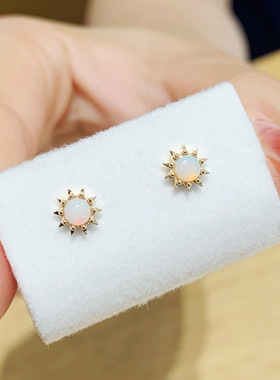 日本轻奢银s925电镀18k金色 人造 欧泊 太阳 阳光 花项链 耳钉