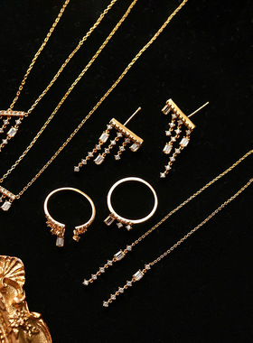 日系轻奢s925银 枝形吊灯 星辰钻石 满钻斜流苏 白金项链耳钉