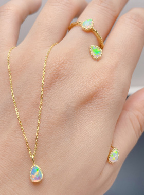 日式轻奢  水滴蛋白石项链 欧泊镂空花瓣s925银项链 耳坠戒指