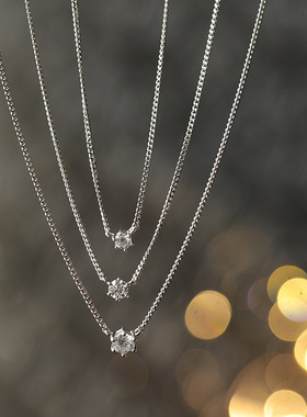 日系超闪大中小单钻一颗钻项链小众s925银喜平链侧平链锁骨链