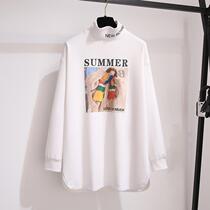 Tide Card White Half High Collar Bottom T-shirt Woman 2023 Autumn Winter New Gush Thickening Medium Long Printed Blouse