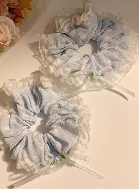 海盐少女蓝色蝴蝶结蕾丝大肠发圈