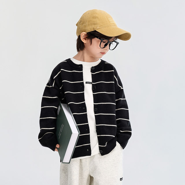 Boys' Knitted Cardigan Sweater Autumn 2025 Autumn New Style Children's Spring and Autumn Striped Jacket for Medium and Large Children