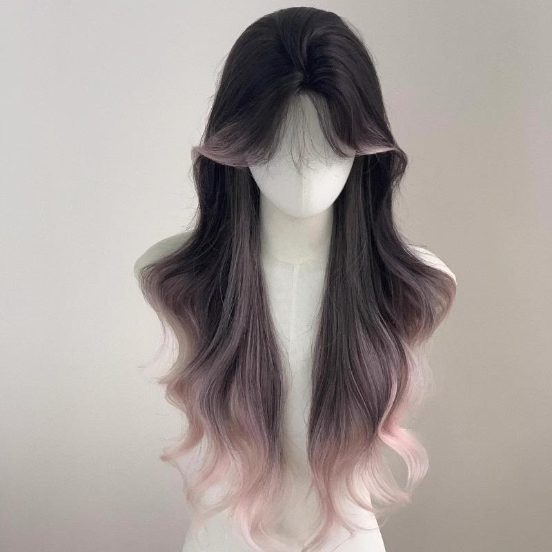 【粉鸢尾】假发全头套女中分刘海黑粉渐变挑染长卷发新款巴黎画染 - 图0