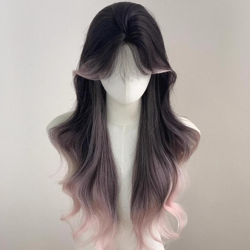 【粉鸢尾】假发全头套女中分刘海黑粉渐变挑染长卷发新款巴黎画染 - 图1