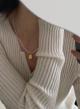 日系cherry kitty磨砂方块项链s925银金银拼色凹凸面方形锁骨链