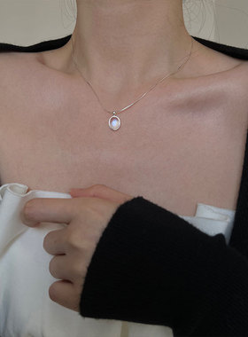 日系cherry kitty925银月光石海蓝宝项链独特设计椭圆石蛇骨链