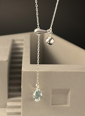 日系cherry kitty925银蓝色水滴项链抽拉式可调节锁骨链ins