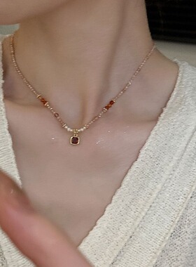 日系Cherry Kitty轻奢高级感方糖珍珠水晶项链女ins森系百搭吊坠