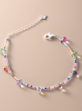 日系cherry kitty925银彩色原石水滴玻璃碎银子手链女韩国度假风