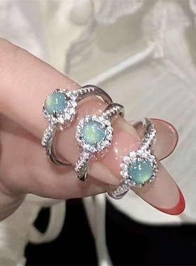 日系Cherry Kitty新中式镶钻水蓝蛋面戒指女复古轻奢高级感指环