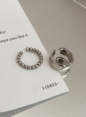 日系cherry kittys925银菱格纹戒指组合套装开口可调节ins叠搭