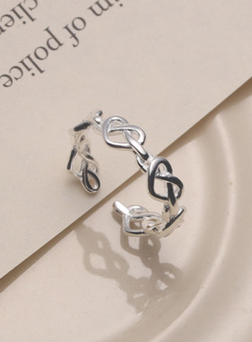 日系cherry kittys'925通体银爱心戒指开口设计精致亮银色绳结