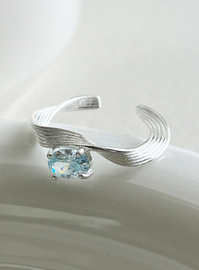 日系cherry kitty925银蓝色锆石戒指女几何波浪个性时髦开口设计