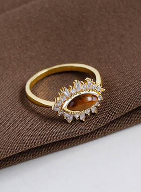 日系Cherry Kitty复古欧美风闪钻虎睛石戒指女奢华高级感指环