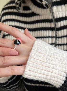 日系cherry kitty925银黑玛瑙项链韩国小众套装爱心耳钉戒指一套