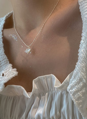 日系cherry kitty通体925银爱心贝壳项链女简约桃心小众冷淡风