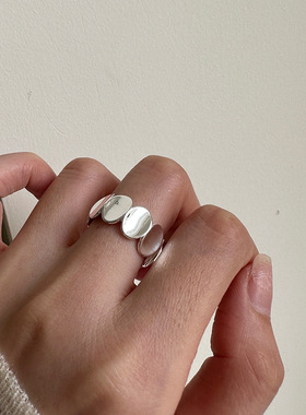 日系cherry kitty925银椭圆片戒指女几何简约个性时髦开口设计