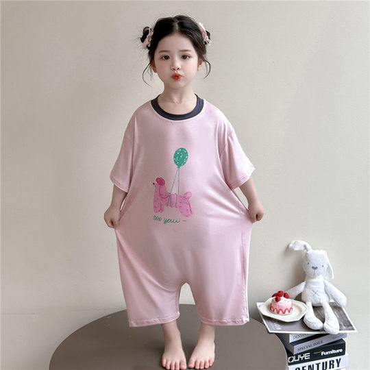 Girls one-piece pajamas summer modal short-sleeved 2025 new children's home clothing set small and medium-sized children's spring and summer style
