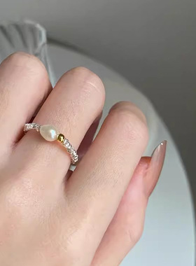 日本portney bells925银淡水珍珠圆珠拼色碎银子戒指ins简约百搭