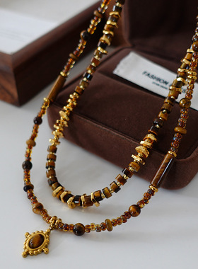 日本portney bell虎眼石吊坠项链串珠竹节设计高级感颈链时尚