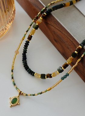 日本portney bell绿玛瑙石吊坠项链手工串珠复古设计叠戴颈链