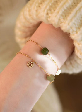 日本portney bell新款925银和田玉福牌手链女简约气质小众复古