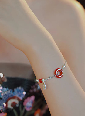 日本portney bell小众s925银手作新中式碎银子红色玛瑙手链女