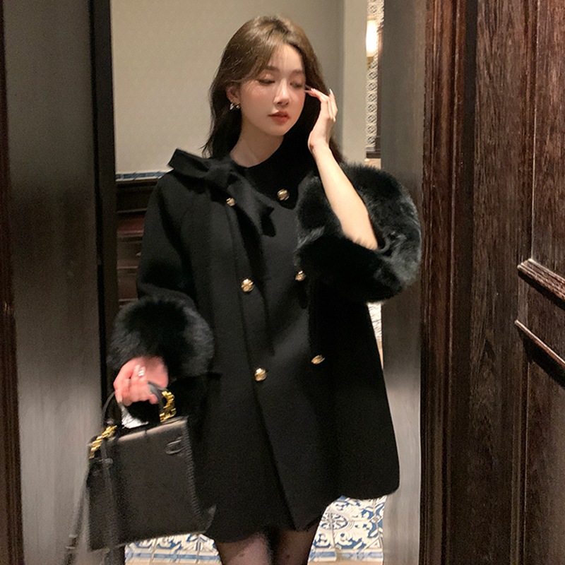 法式毛呢外套秋冬新款气质加厚保暖毛毛袖口呢子大衣小个子 - 图0