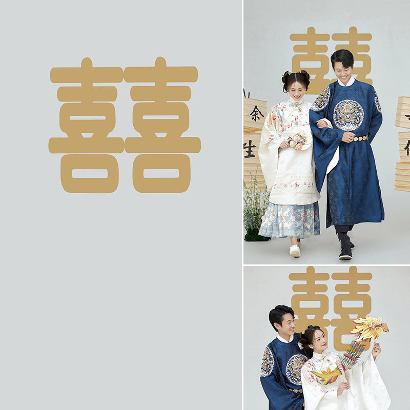 欢天喜地嫁公主新中式影楼婚纱摄影背景布传统庄重汉服氛围感简单俏皮纯色灯笼婚纱照企琴瑟和鸣MH-1103