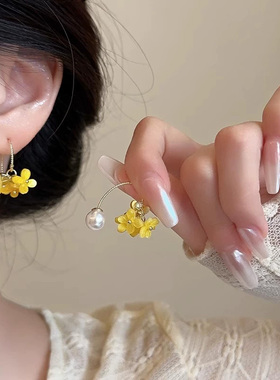 超仙黄色桂花珍珠耳环女