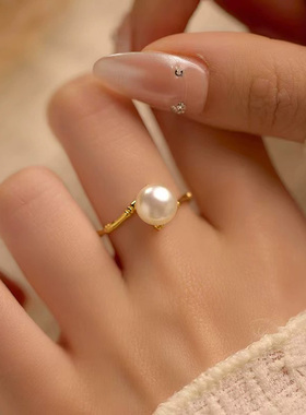 高级感竹节珍珠戒指女开口可调节