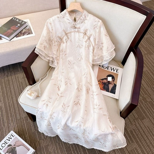 Зеленое летнее ципао, платье, 2024 года, короткий рукав, в цветочек