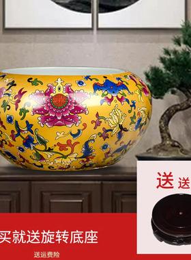 景德镇陶瓷器珐琅彩聚宝盆摆件家居客厅玄关中式工艺品黄色高端