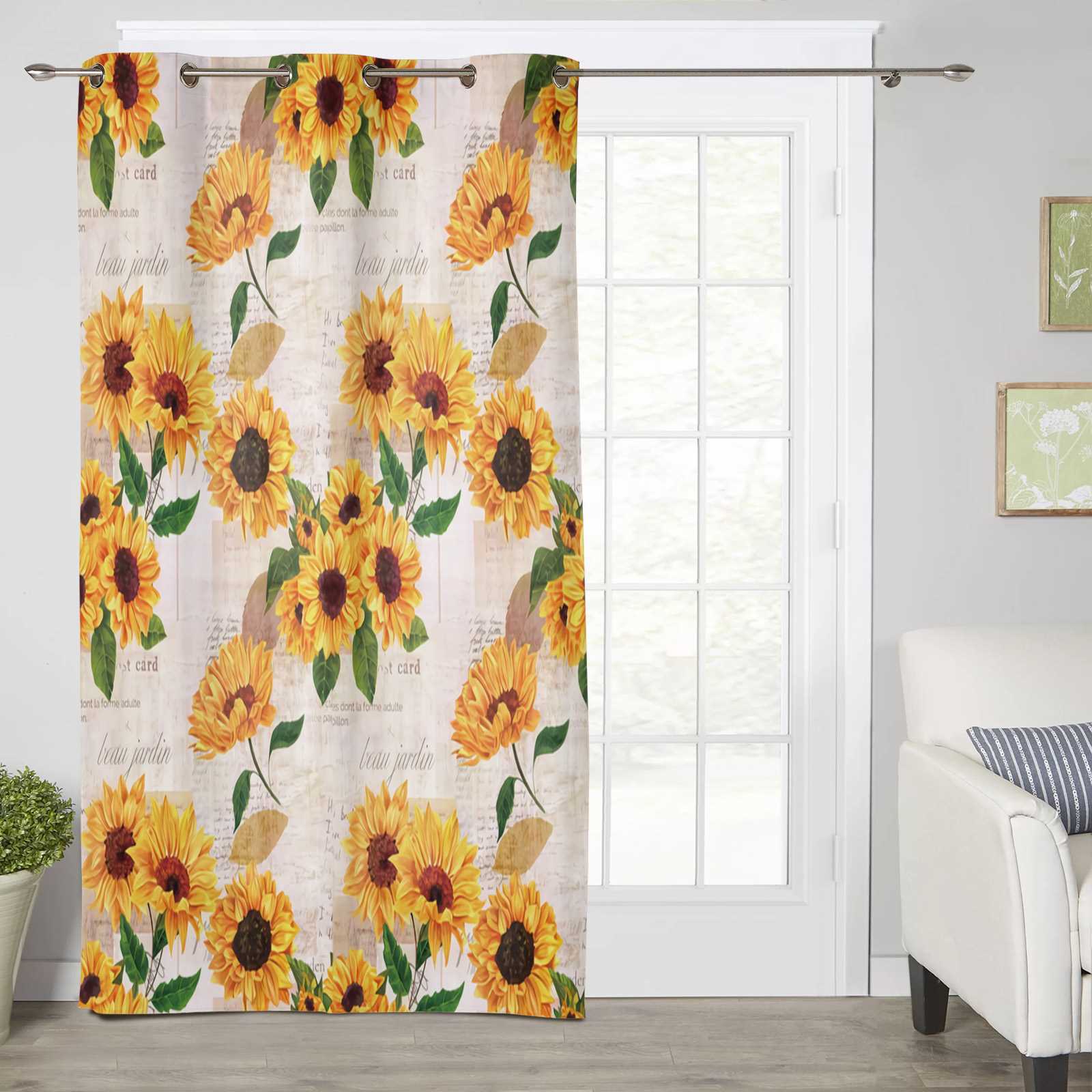 Sunflower Old Newspaper Background Window Curtains for - 图0