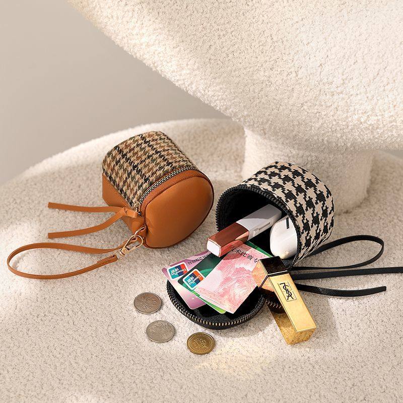 千鸟格软皮手拿包迷你精致拉链零钱包水桶口红包化妆包小手拎小包,淘宝优惠券,粉丝福利购,淘宝优惠卷